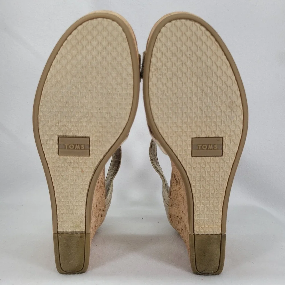 Toms Women Sz 9.5 Natural Woven Cork Platform Wedge Sandal Open Toe Strappy Shoe